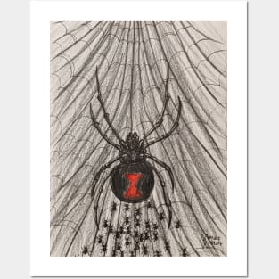 Black widow spider with baby spiders Posters and Art